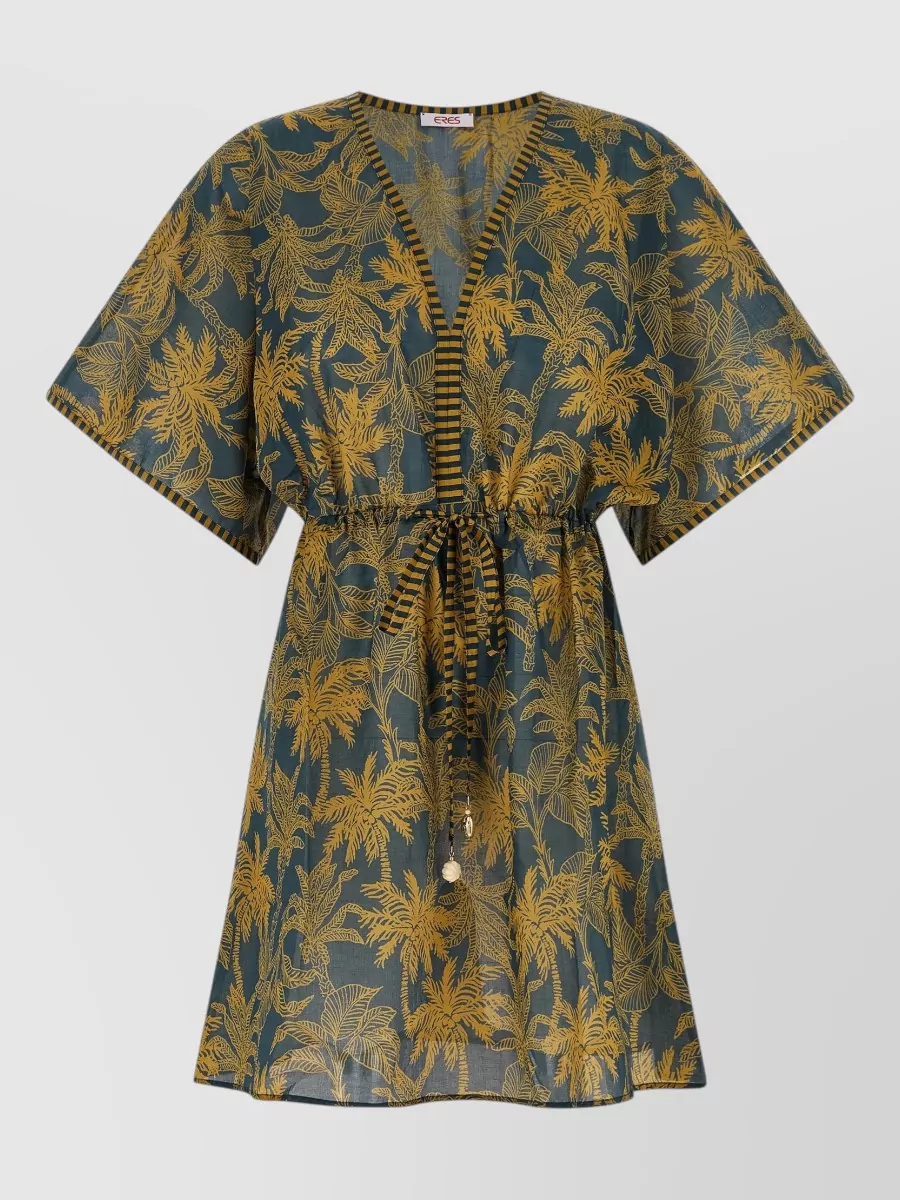 Eres Printed cotton voile v-neck mini beach cover-up
