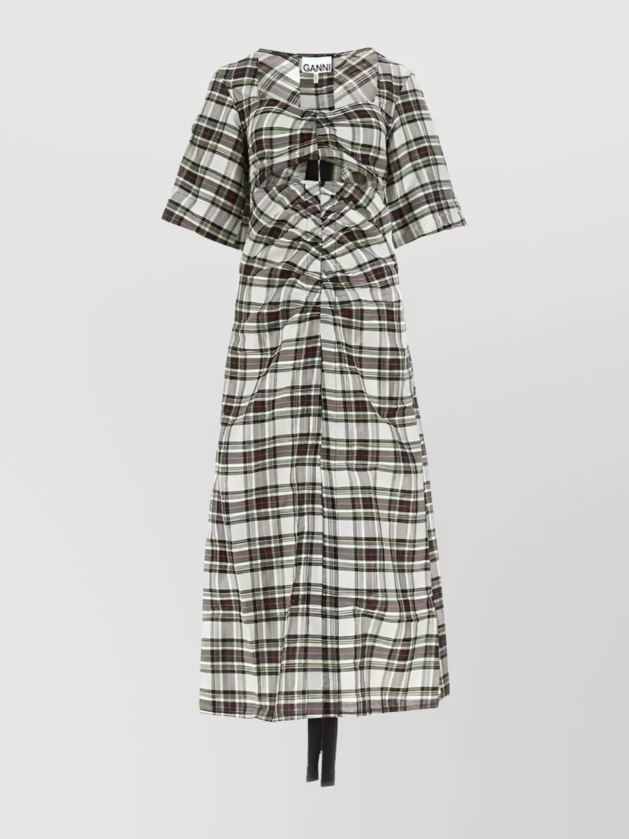 Shop Ganni Distorted Checkered Midi Dress In Grey