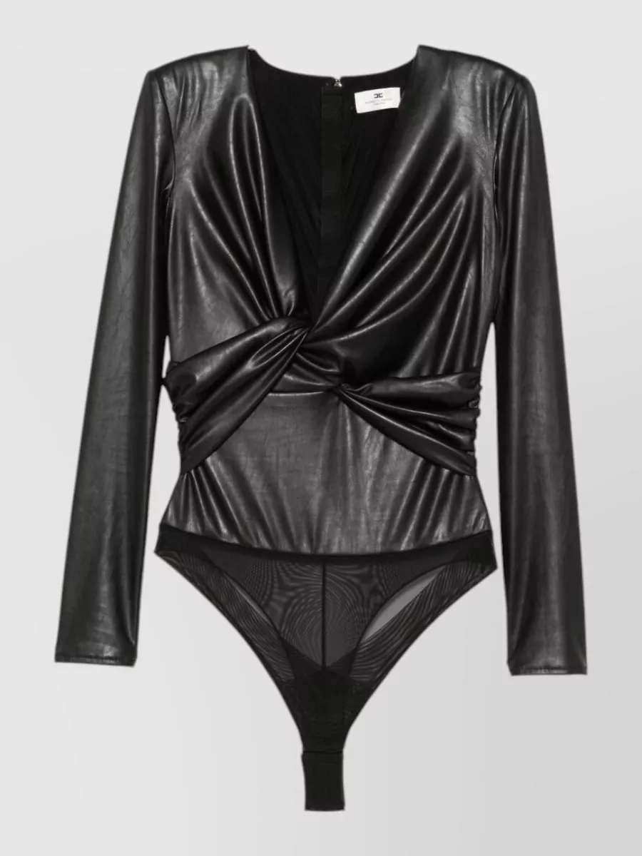 Elisabetta Franchi faux leather draped knotted v-neck long-sleeve bodysuit
