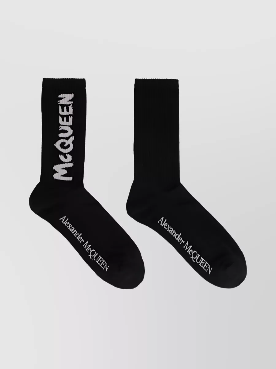 Alexander Mcqueen Stretch Cotton Knit Logo Socks In Black