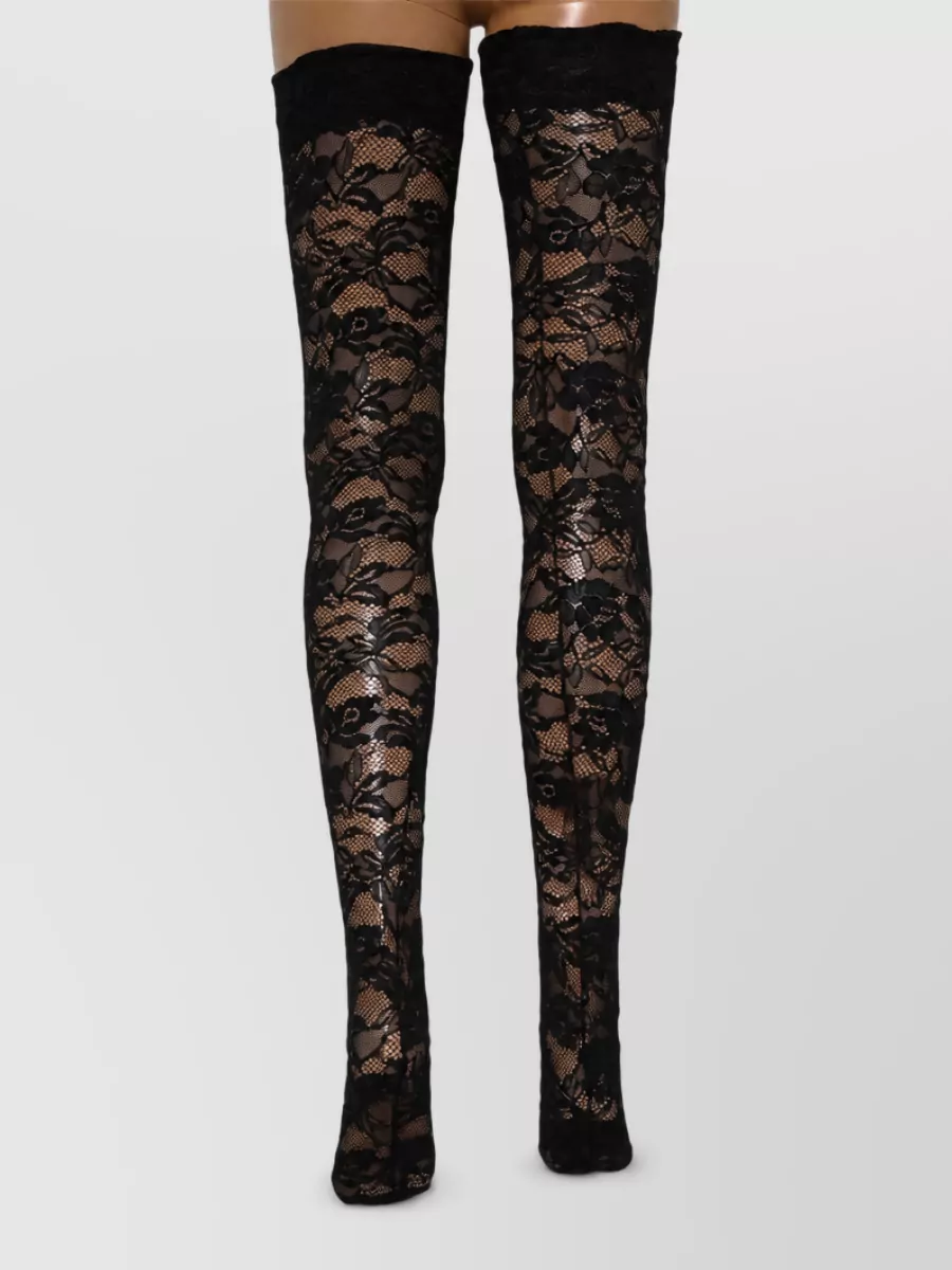 Dolce&Gabbana Floral lace thigh-high stockings — The sheer lace thigh-highs play into the sultry lace story of the hem and heels, adding intentional Y2K seduction while remaining in the same black palette.