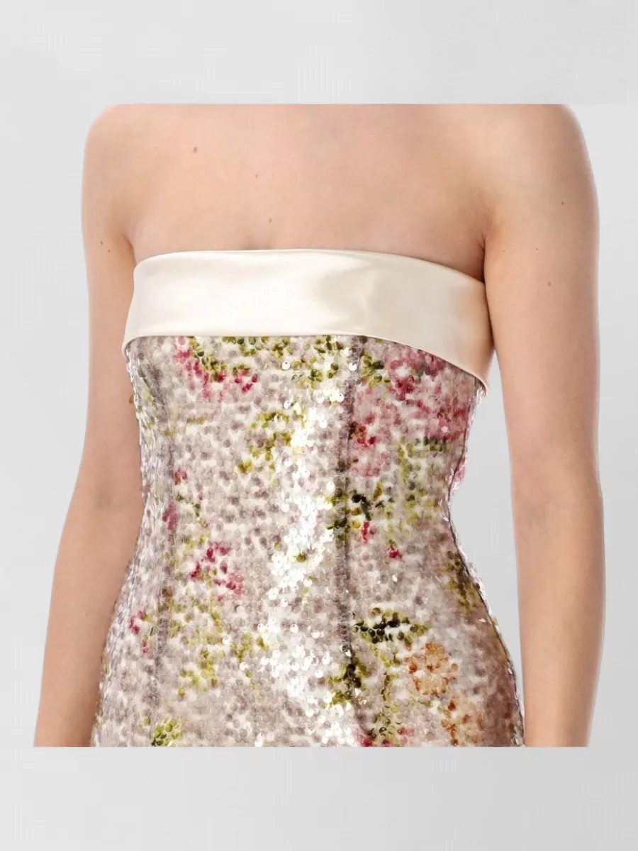 Alberta Ferretti Strapless Sequin Dress Floral Motif Satin