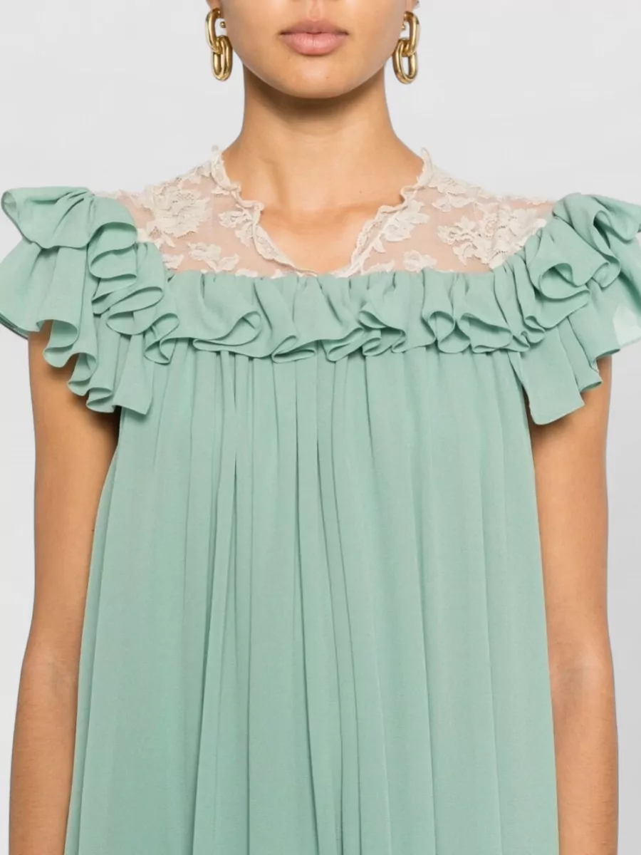Chloé Silk Dress Lace Ruffle Pleated Neckline