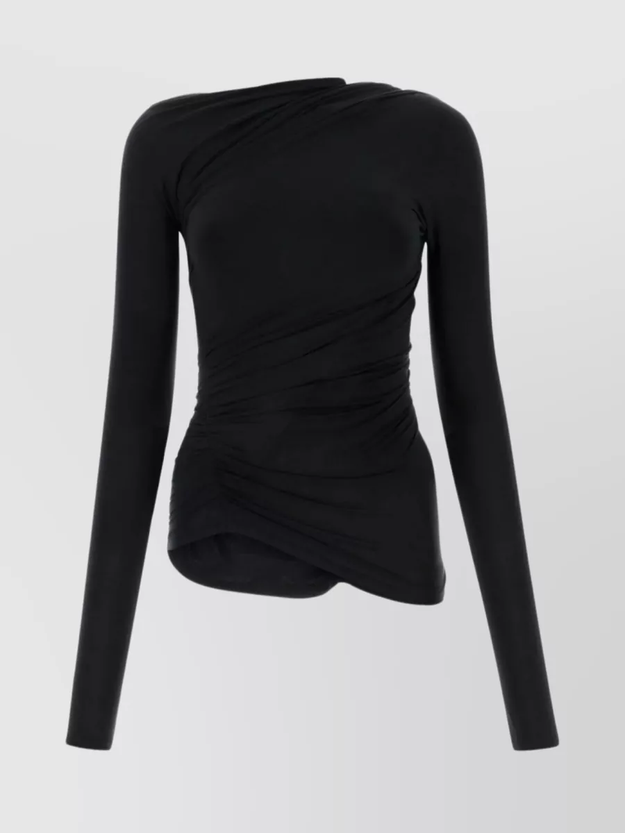 Shop Balenciaga Asymmetrical Neckline Cupro Blend Top With Ruched Detailing In Black