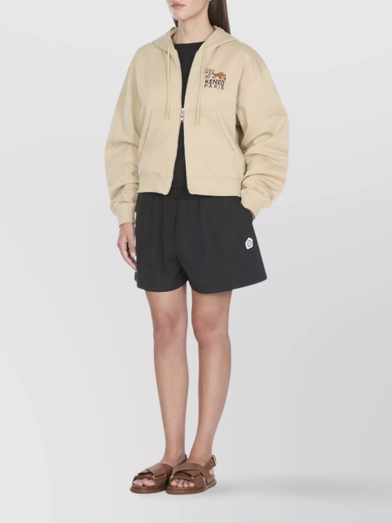Kenzo Tiger Logo Hooded Cotton Sweatshirt In Neutral