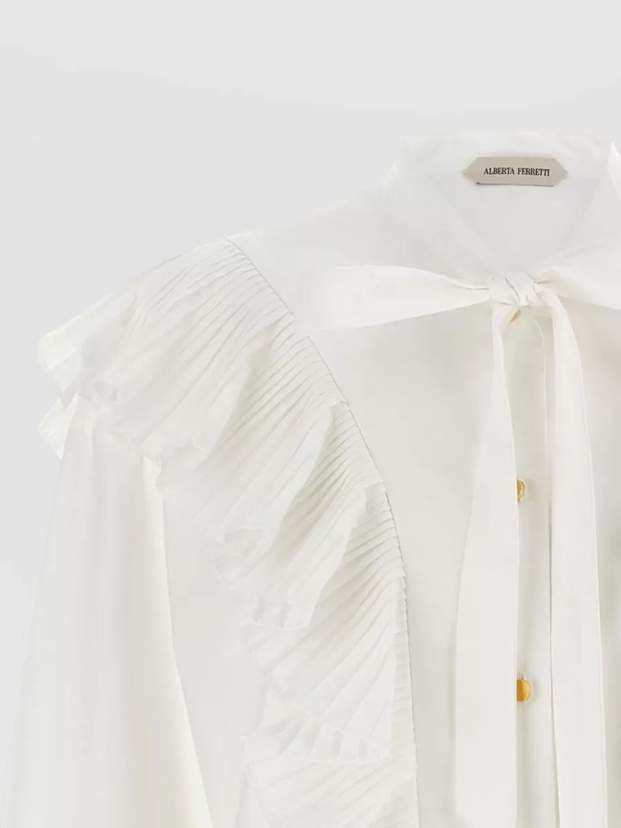 Alberta Ferretti Cotton Pleated Ruffle Long-Sleeve Blouse