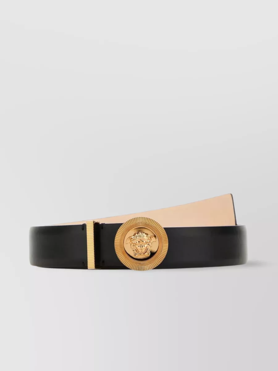 Shop Versace Refined Smooth Leather Belt With Gold-tone Buckle In Black