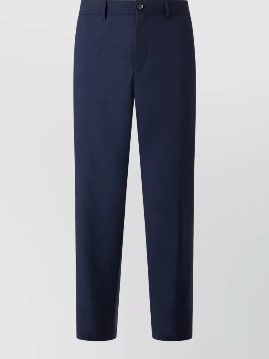 Boss Linen-blend straight-leg trousers — The navy straight-leg trouser with elasticated waist keeps the outfit quietly tailored, matching the knit’s refined minimalism while softening the formality for smart casual days.