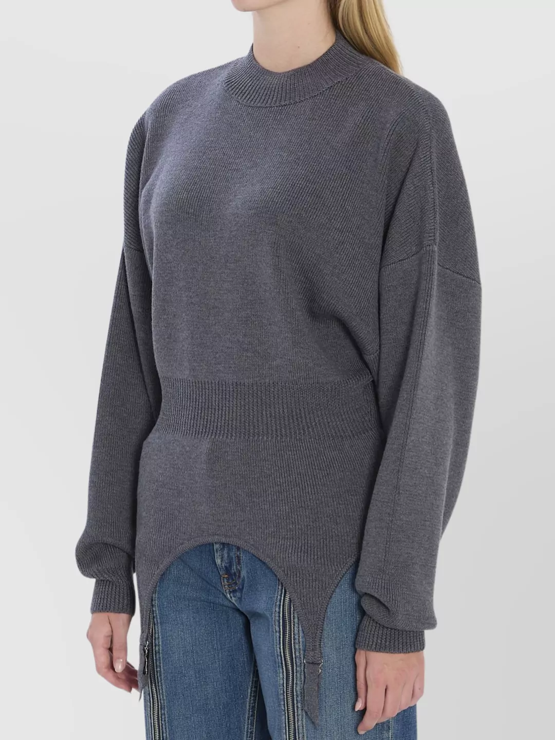 Jean Paul Gaultier High Neck Bat Sleeves Lingerie Garter Pullover Sweater In Blue