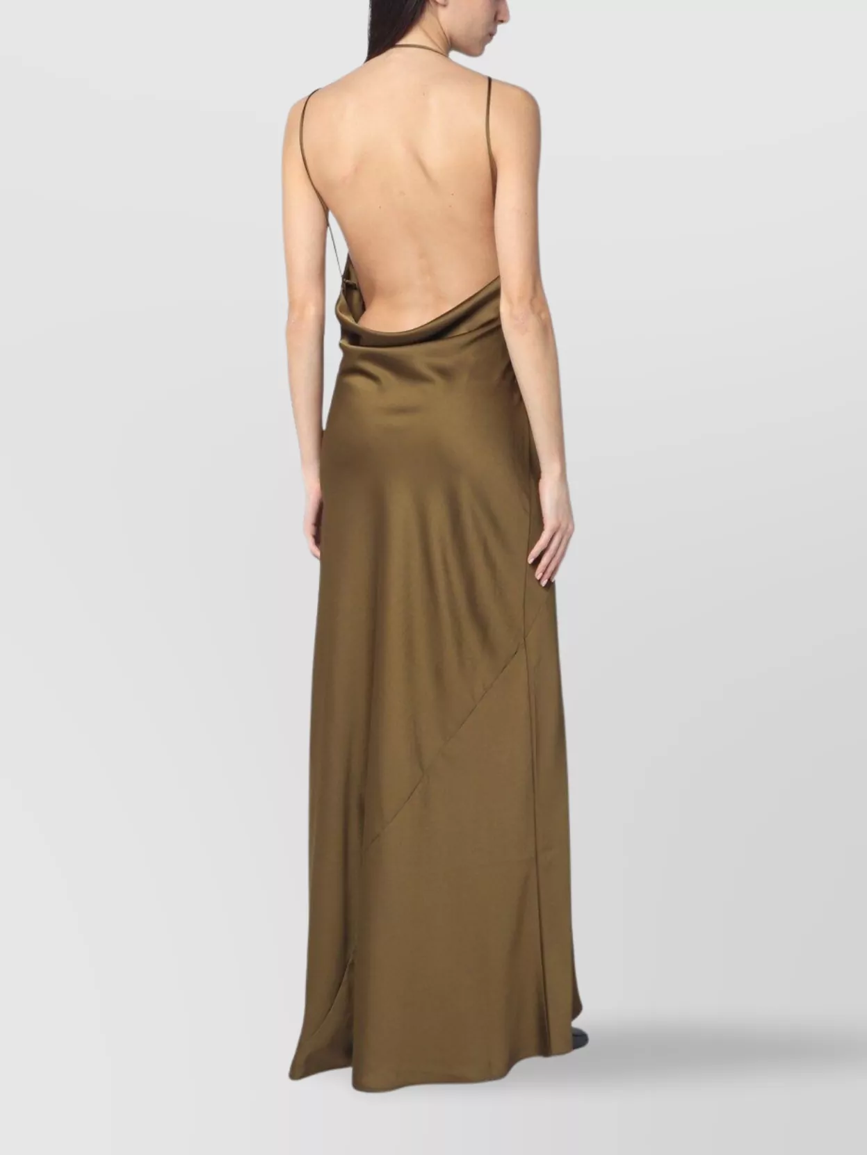 The Andamane Draped Neckline Halter Neck Open Back Dress In Neutral