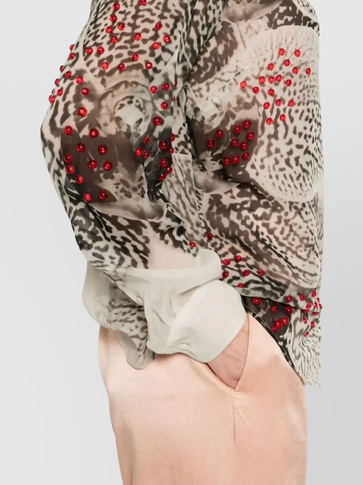 Dries Van Noten Abstract Print Beaded Collared Sheer Shirt