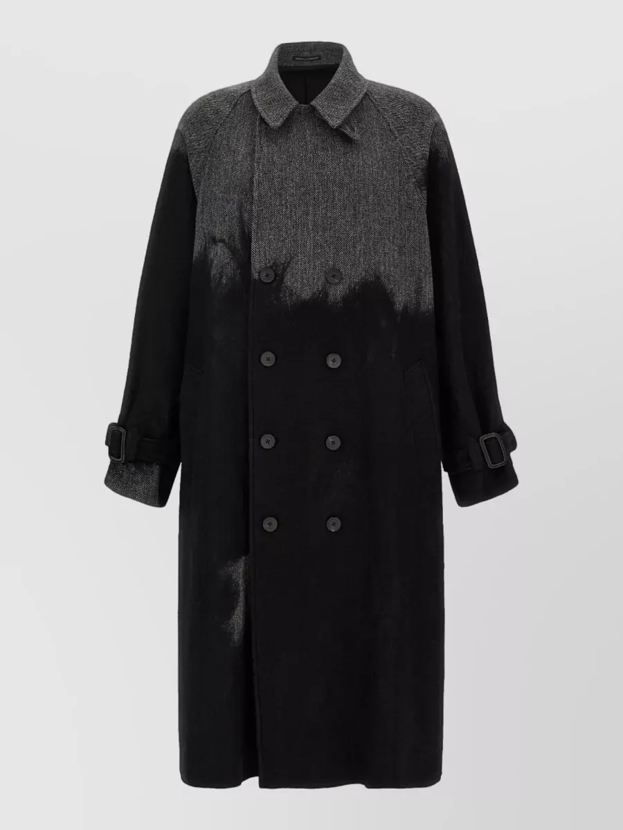 Yohji Yamamoto Wool Shaded Herringbone Double-Breasted Long Coat