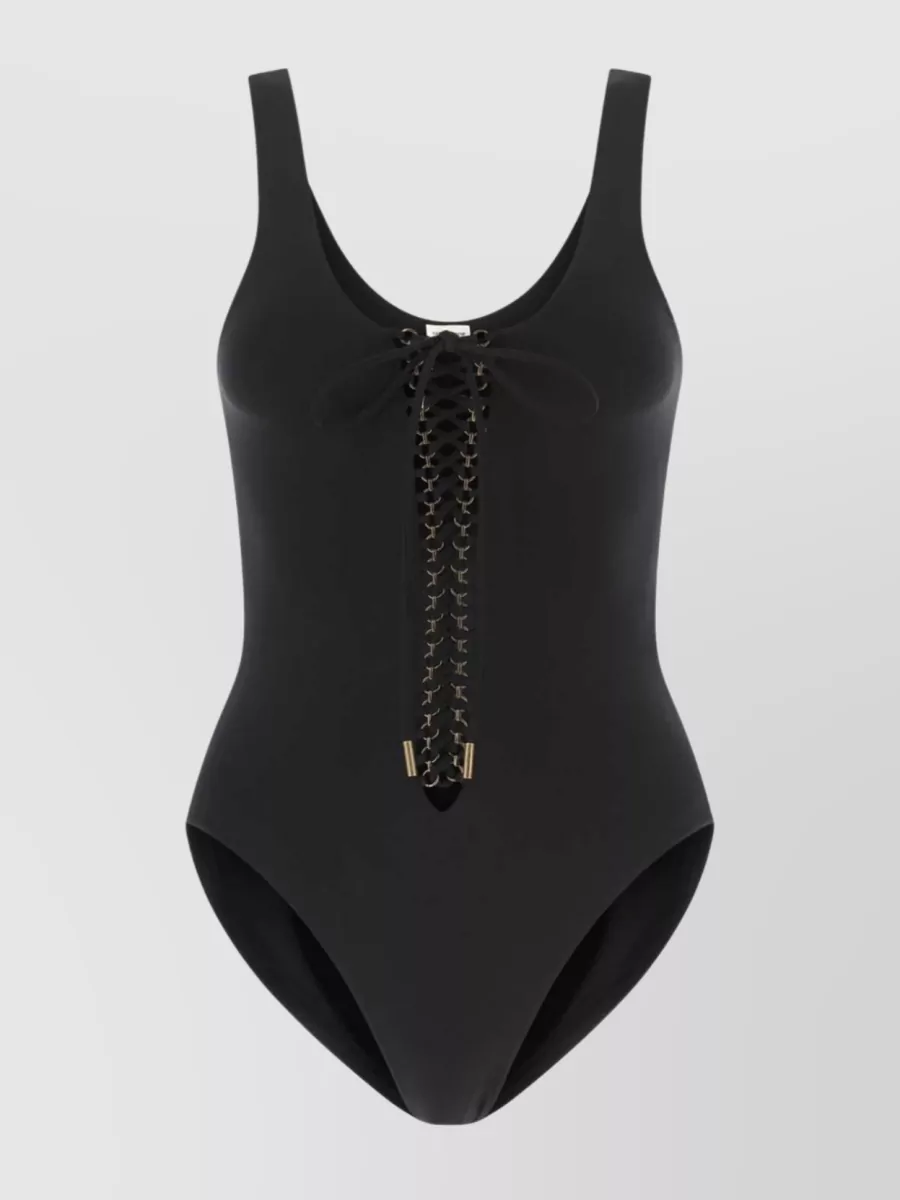 Shop Saint Laurent Saharienne Nylon Swimsuit With Scoop Neckline And Lace-up Back In Black