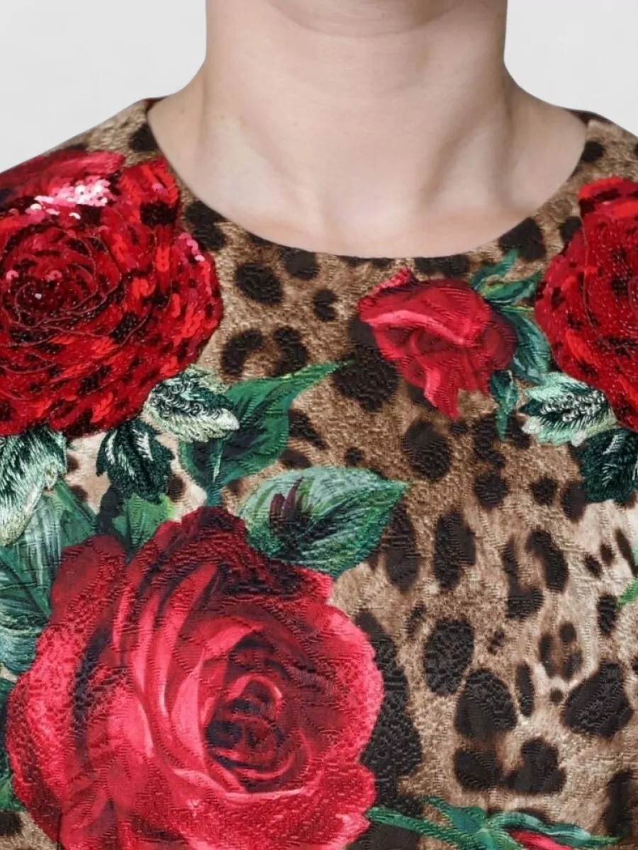 Dolce & Gabbana Leopard Roses Cotton A Line Dress In Red