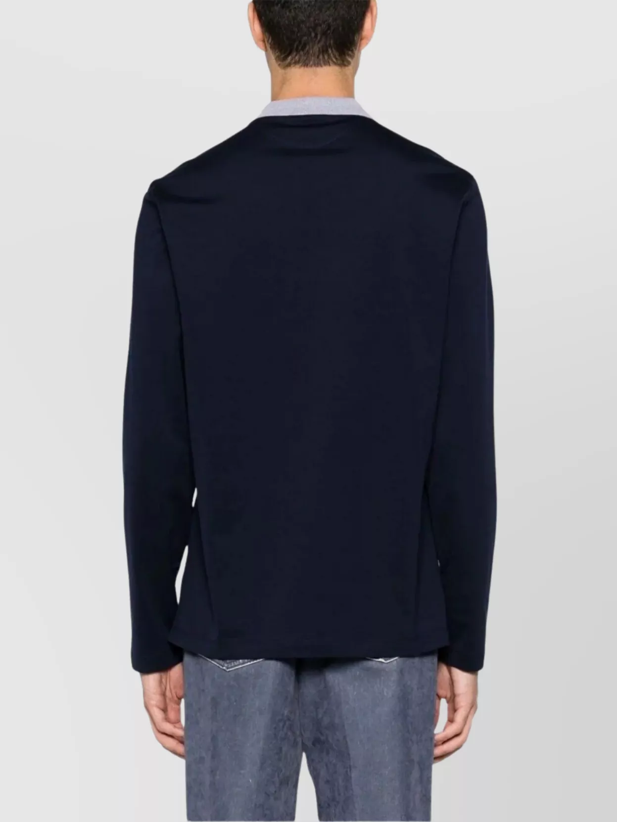 Brunello Cucinelli Long Sleeve Polo Shirt With Contrast Collar In Blue