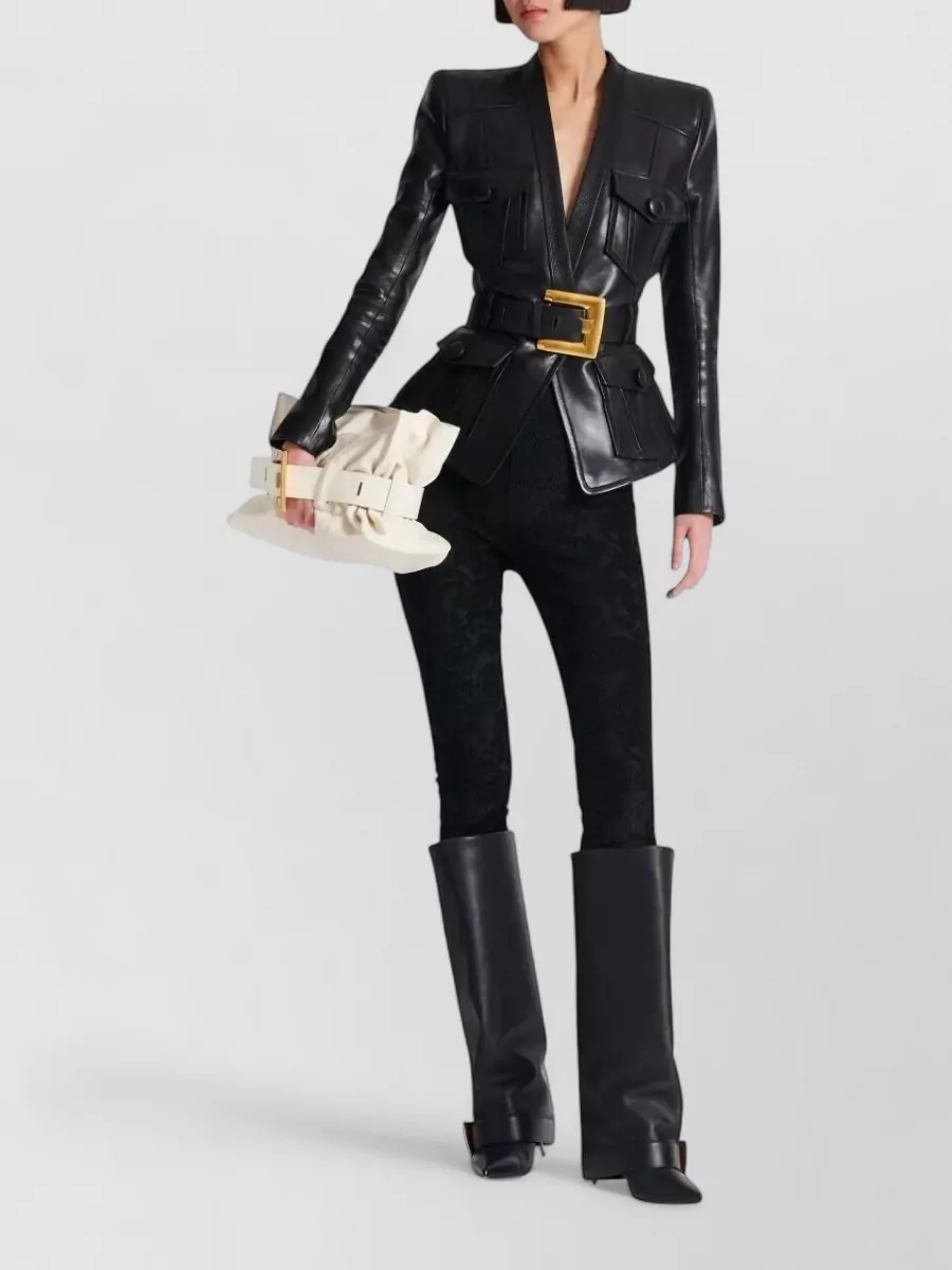Balmain Leather Belted Fitted Jacket