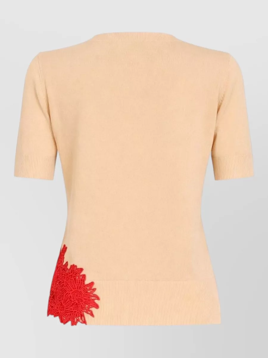 Ermanno Scervino Fine-Knit Floral-Appliqué Short-Sleeve Top