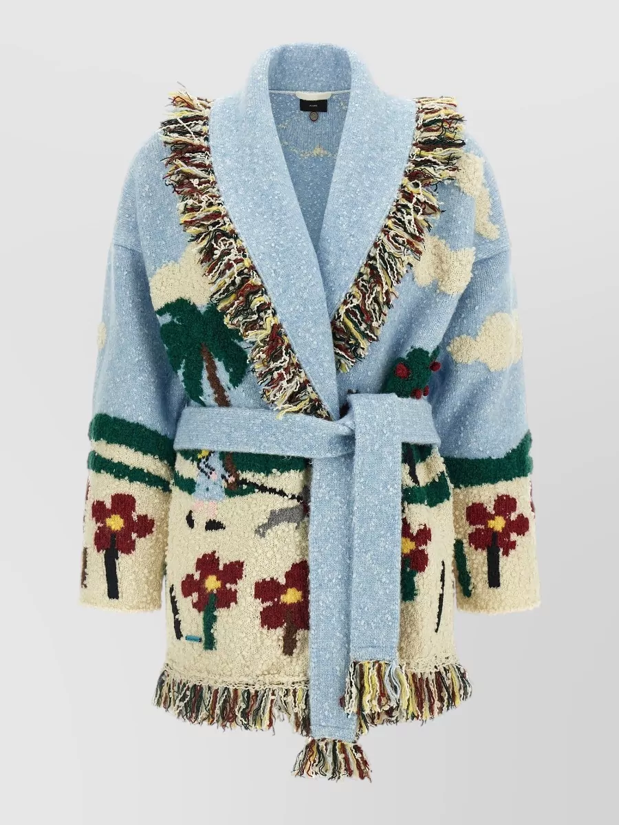 Alanui Wool jacquard belted fringed cardigan