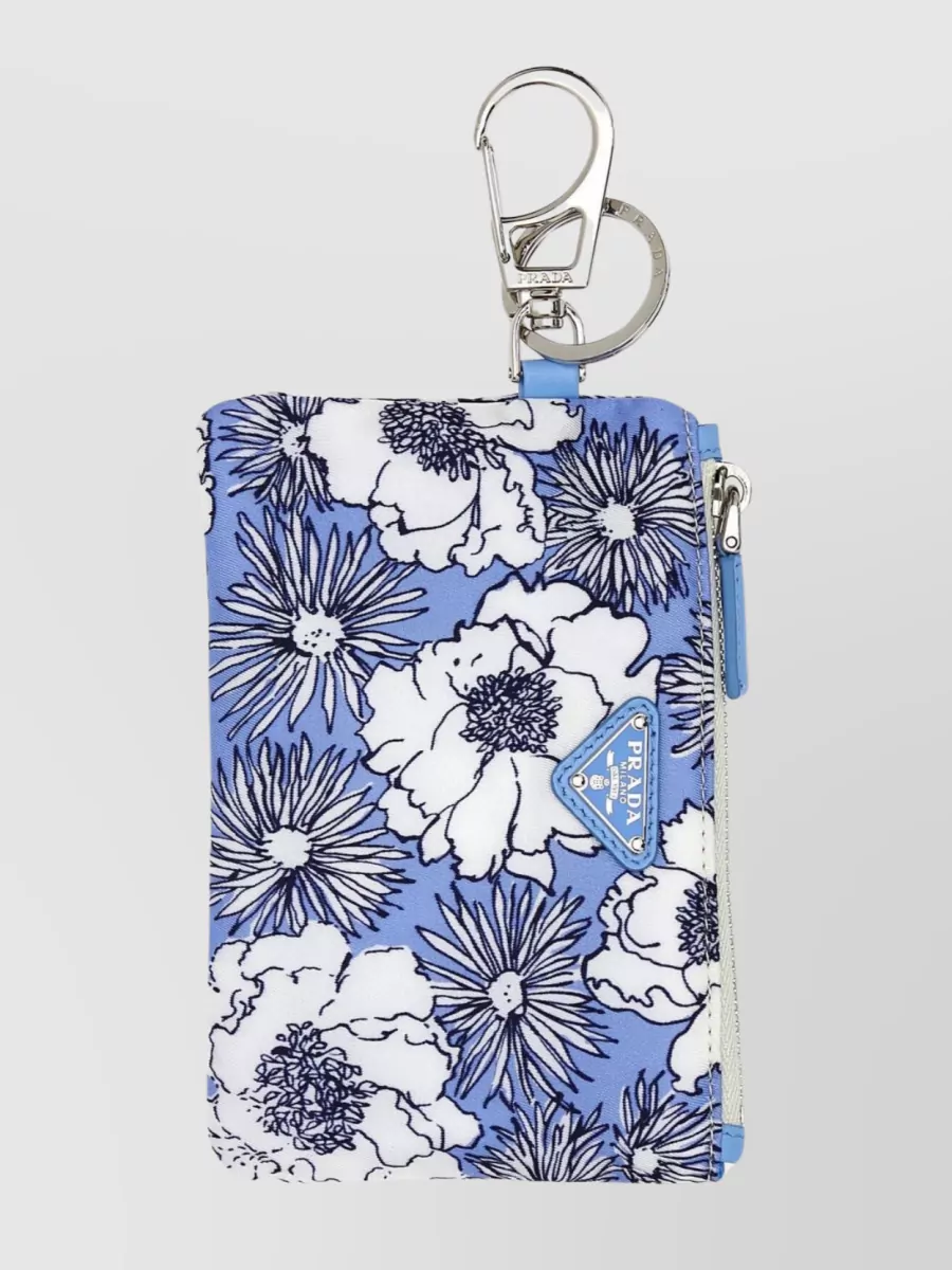 Shop Prada Floral Print Metal Keychain In Blue