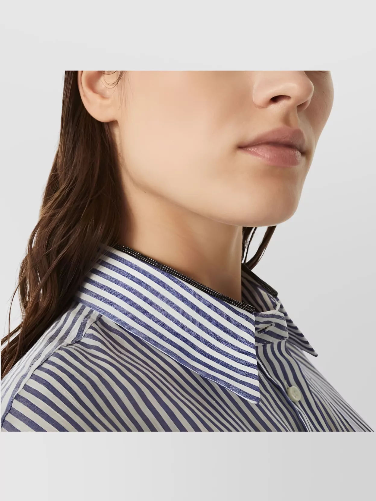Brunello Cucinelli Linen And Silk Striped Organza Long Shirt With Shiny Collar Detail