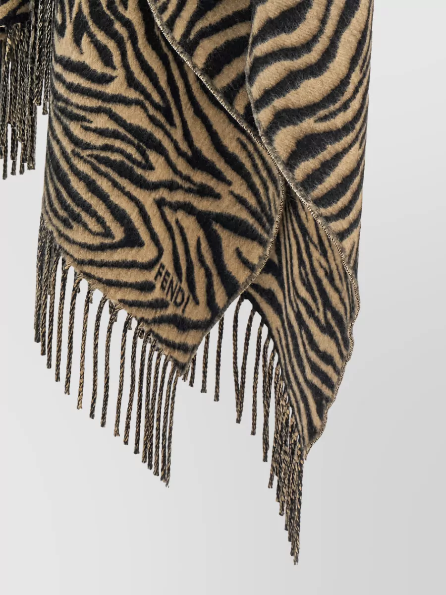 Fendi Wool Tiger-Print Fringed Poncho