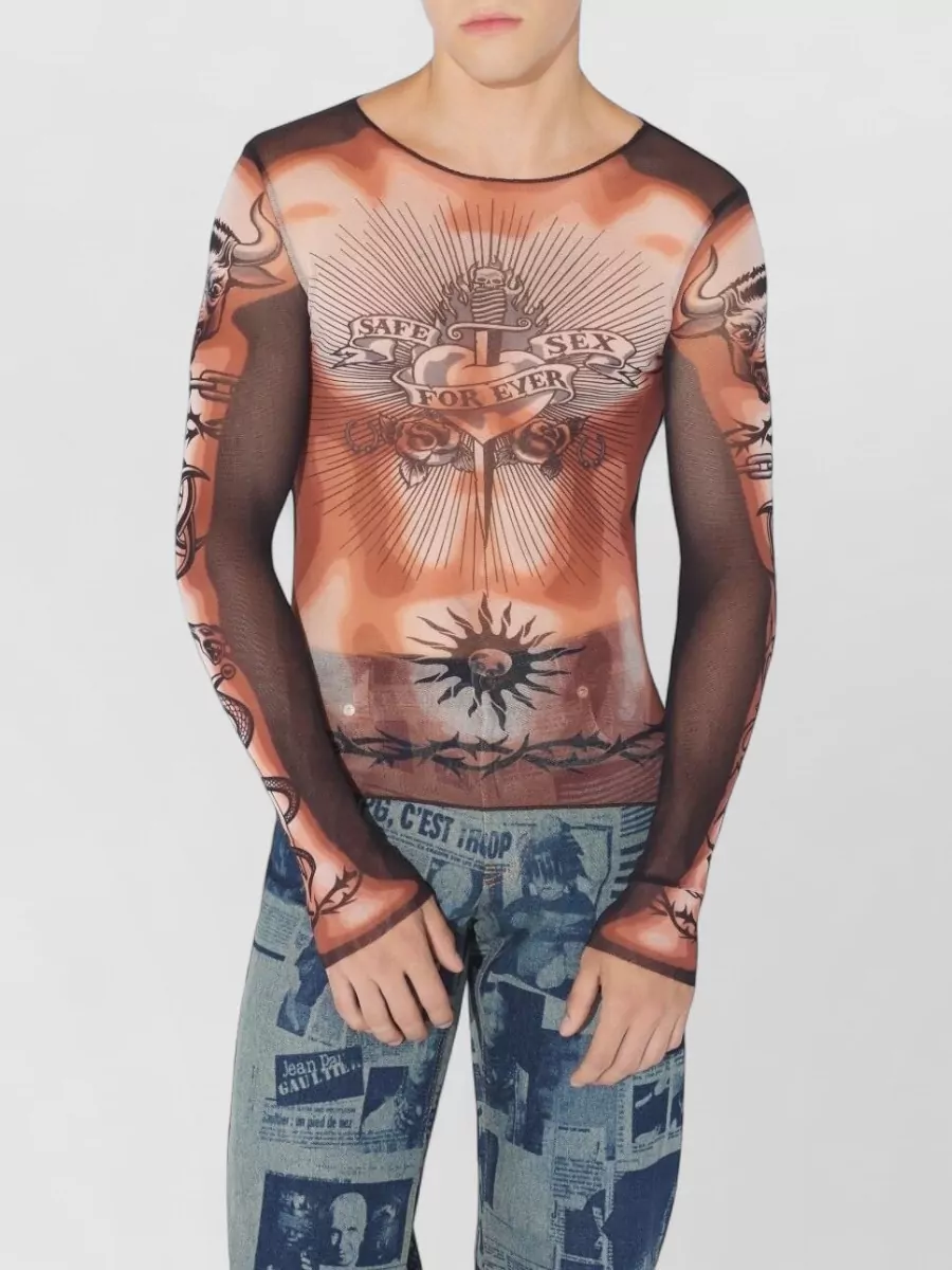 Jean Paul Gaultier Printed Long-Sleeve Tulle Top