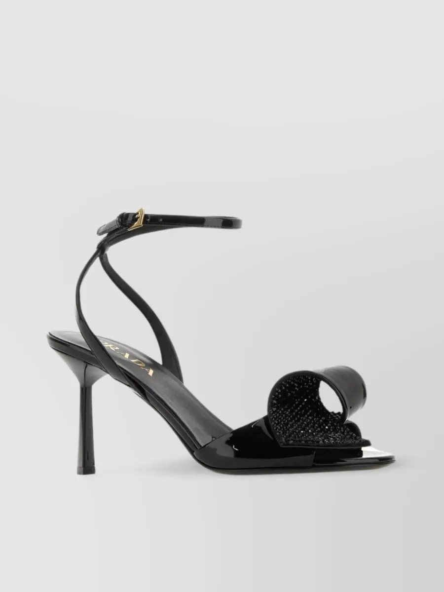 Shop Prada Embellished Patent Leather Sandals With Stiletto Heel In Black