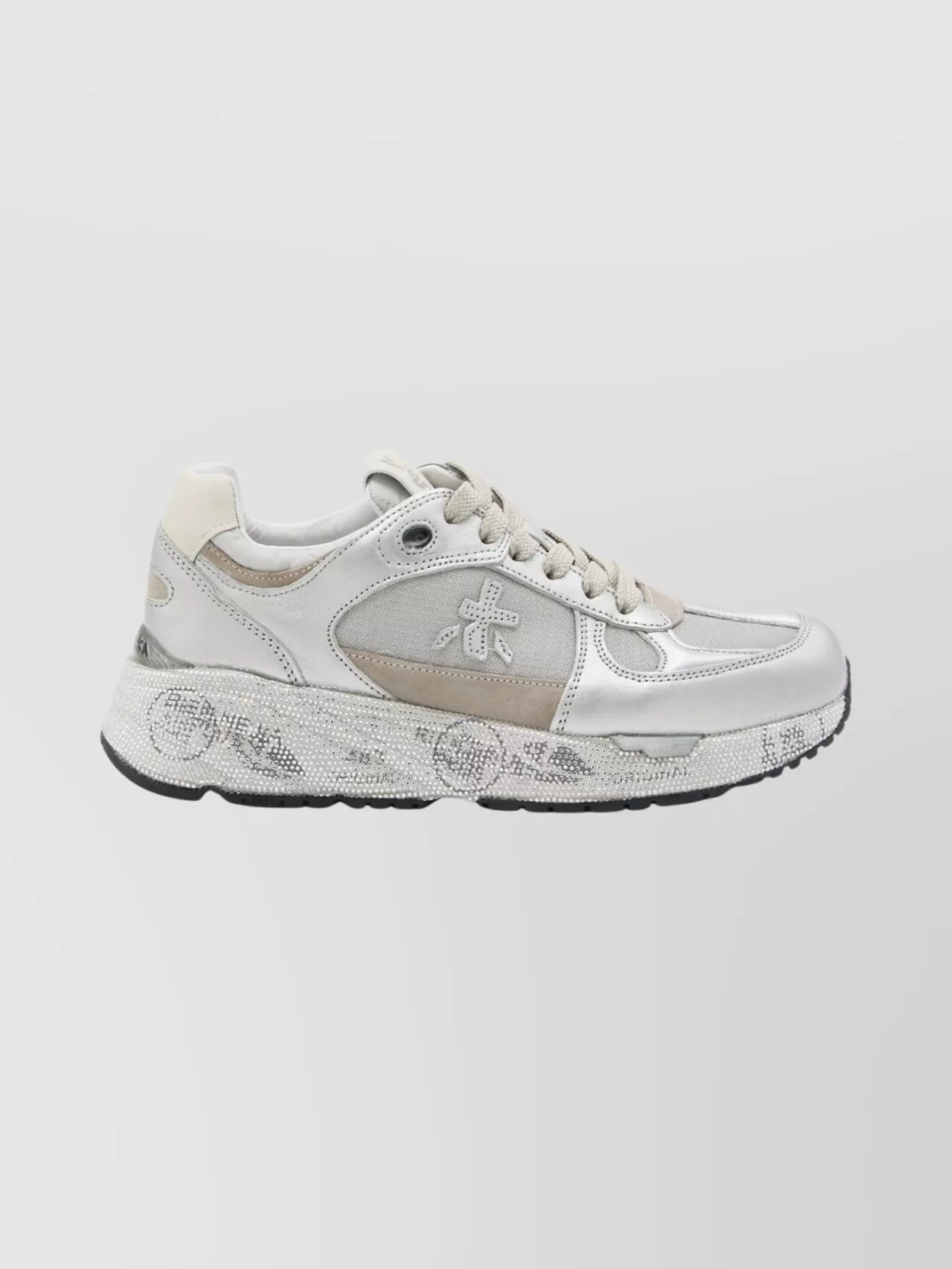 Premiata Metallic Low Top Sneakers With Textured Sole In Silver