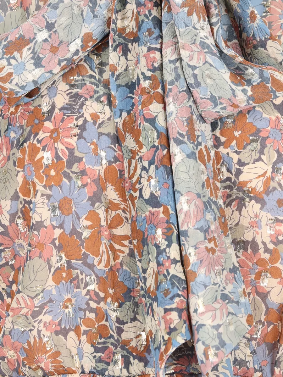 Valentino Garavani Silk Floral Print Bow High Neck Midi Dress