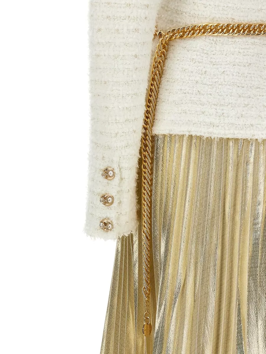 Self-Portrait Textured Knit V-Neck Long-Sleeve Pleated Maxi Dress