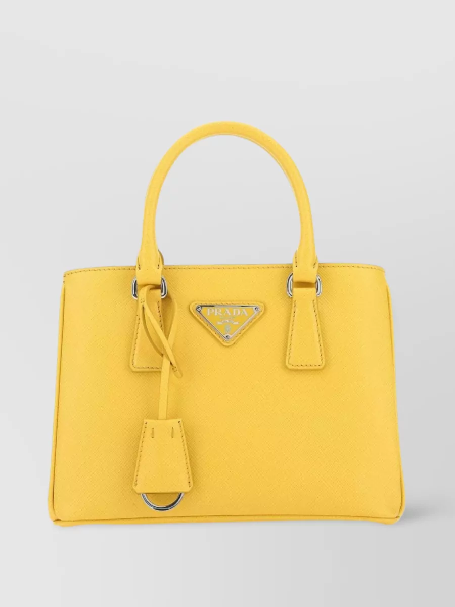 Shop Prada Galleria Compact Textured Leather Handbag In Yellow