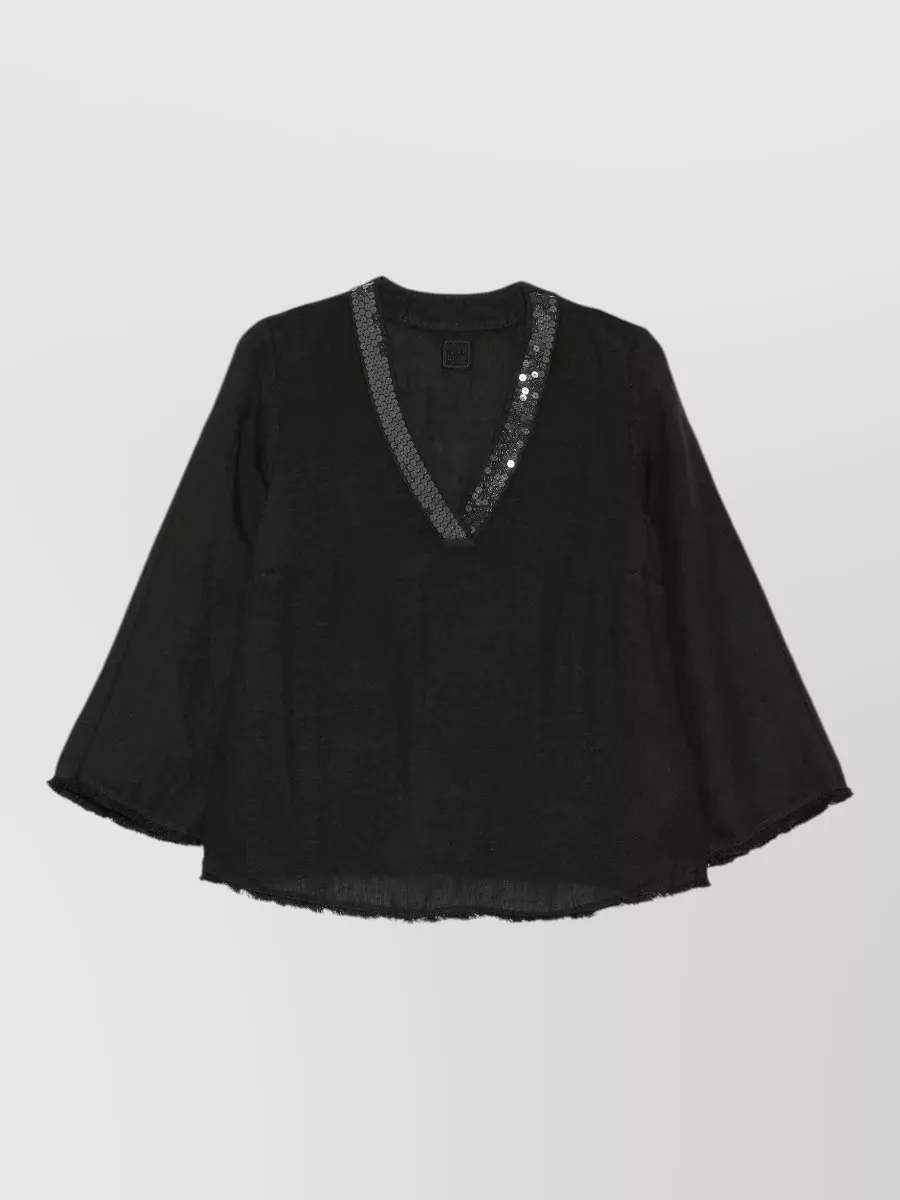 120% Lino Linen v-neck sequin-embellished three-quarter sleeve blouse
