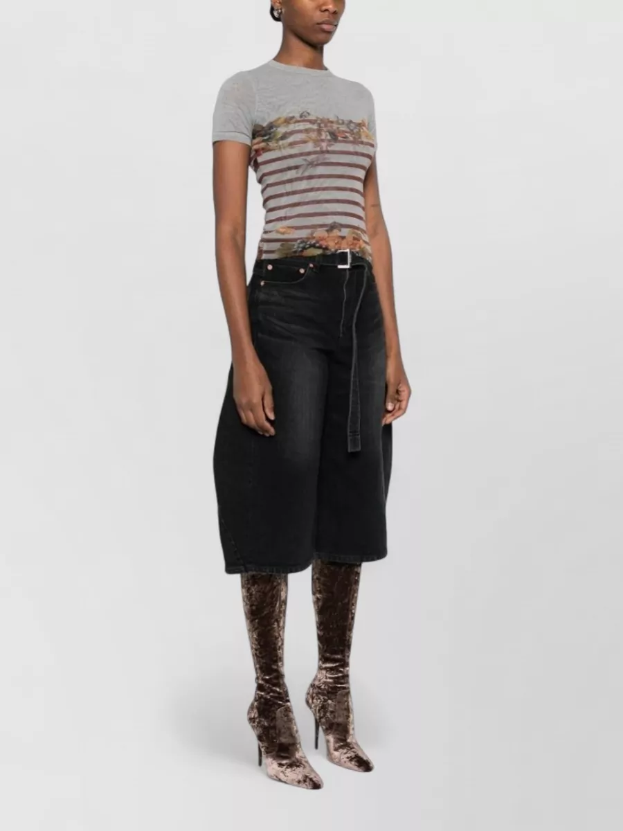 Jean Paul Gaultier Short Sleeve Round Neck Sheer Stripe Floral Top