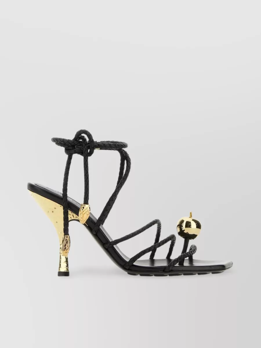 Shop Bottega Veneta Adam Sandals With Gold Heel And Woven Straps In Black