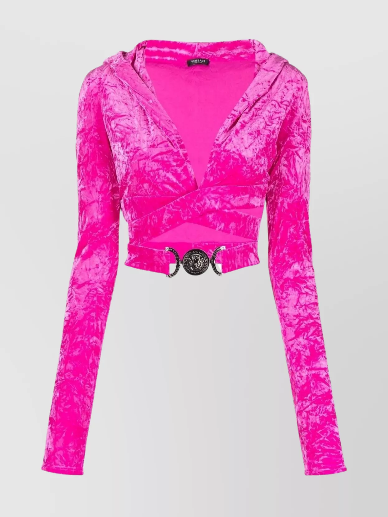 Shop Versace Velvet Hooded Cropped Knit In Pink