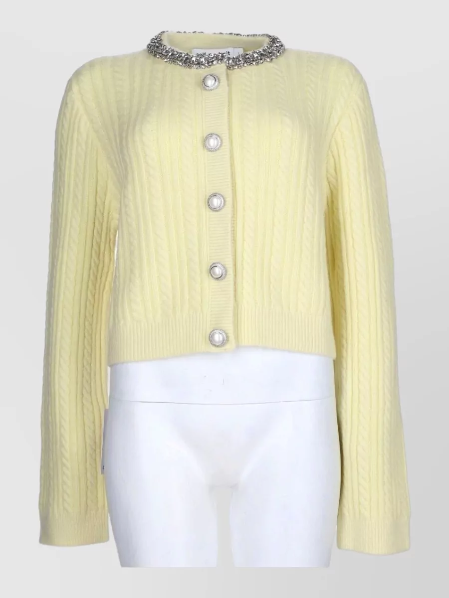Self-Portrait Alpaca Wool Cropped Cable-Knit Crystal-Embellished Cardigan