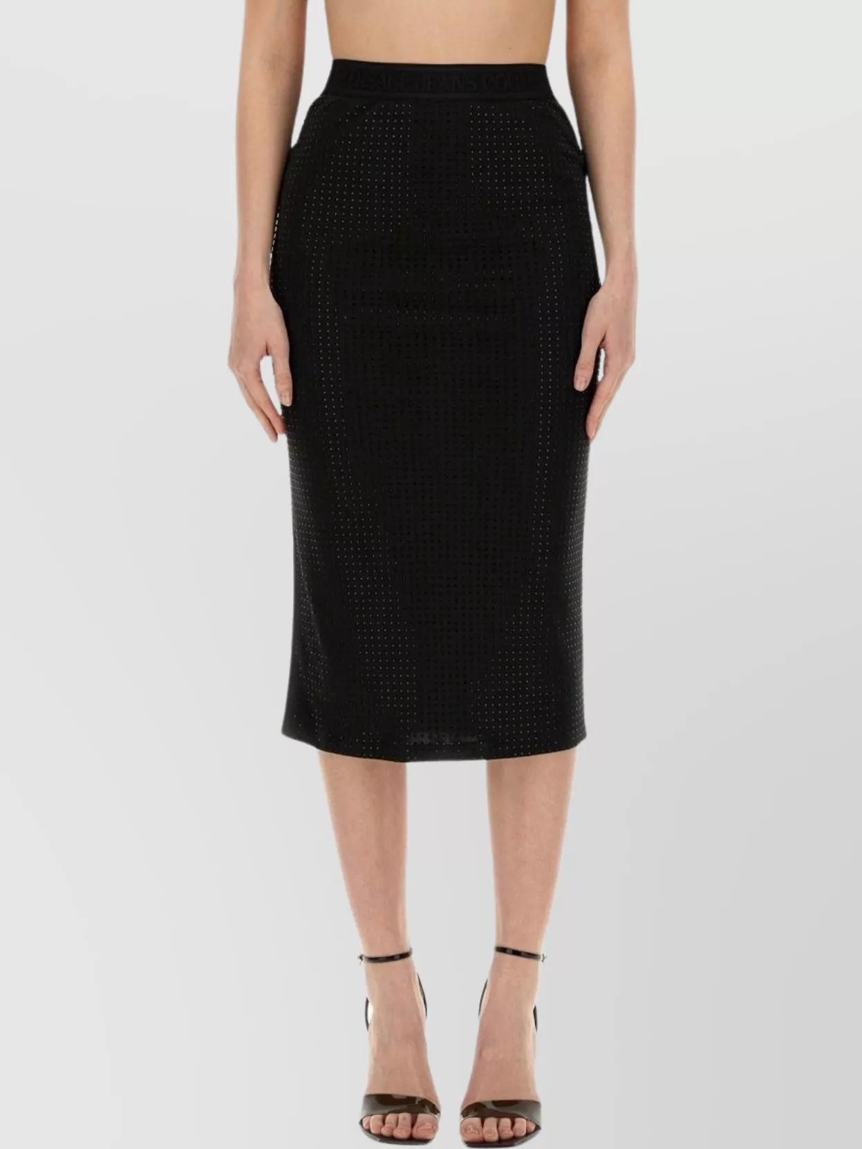 Versace Jeans Couture Fitted High-waisted Midi Perforated Skirt In Black