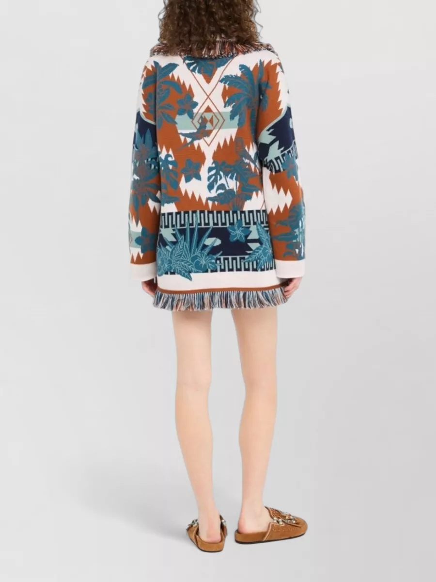 Alanui Long Floral Cardigan With Fringe Shawl Collar In Multi