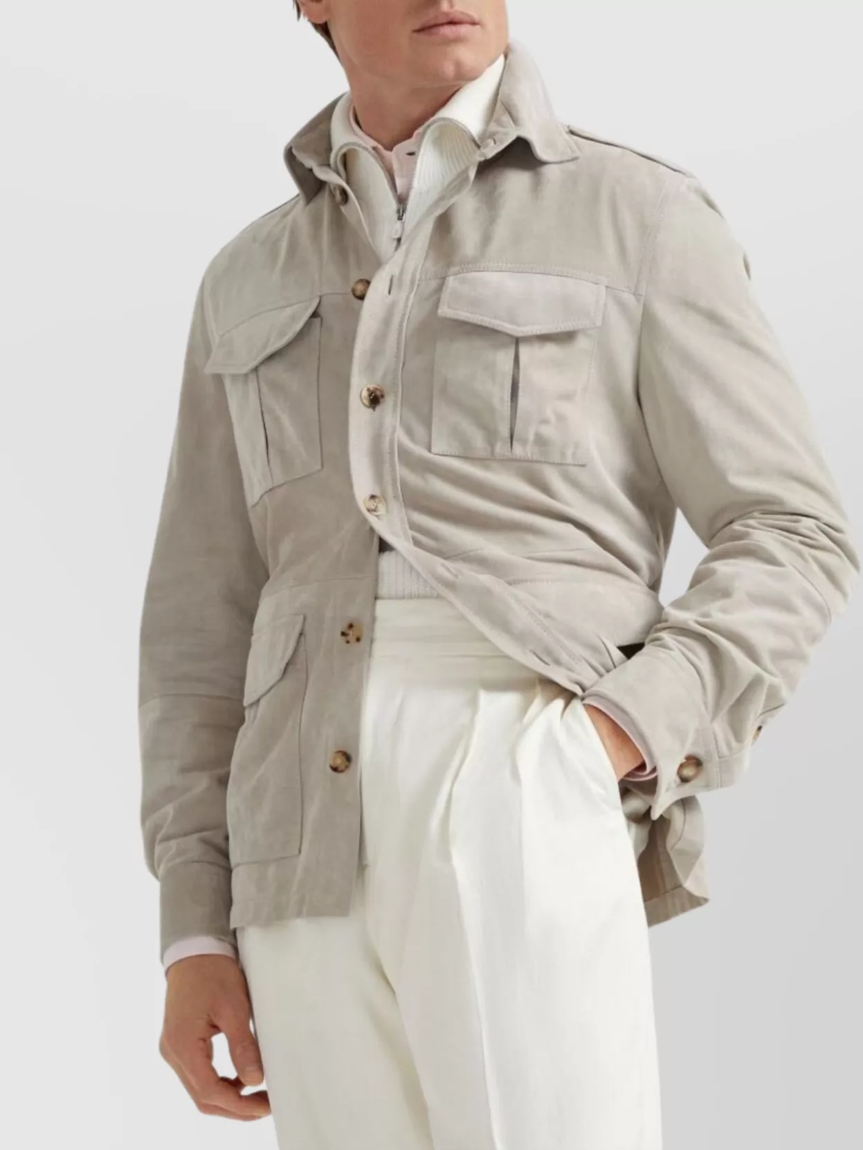 Brunello Cucinelli Leather Jacket With Collared Design And Epaulettes