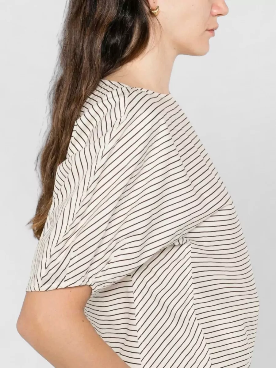 Staud Striped Boat Neck Elbow-Length Sleeve Blouse
