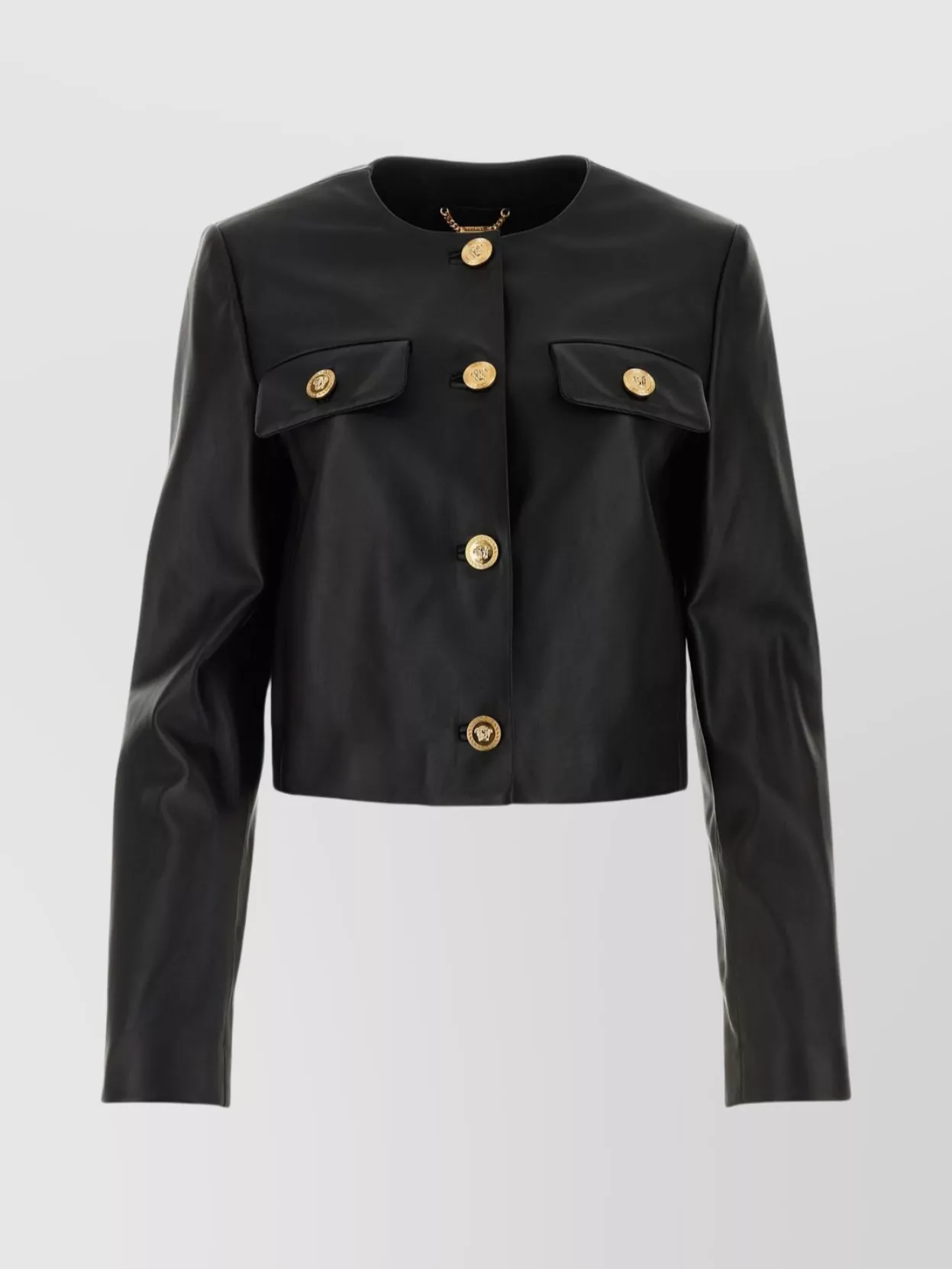 Shop Versace Crew-neck Cropped Leather Jacket In Black