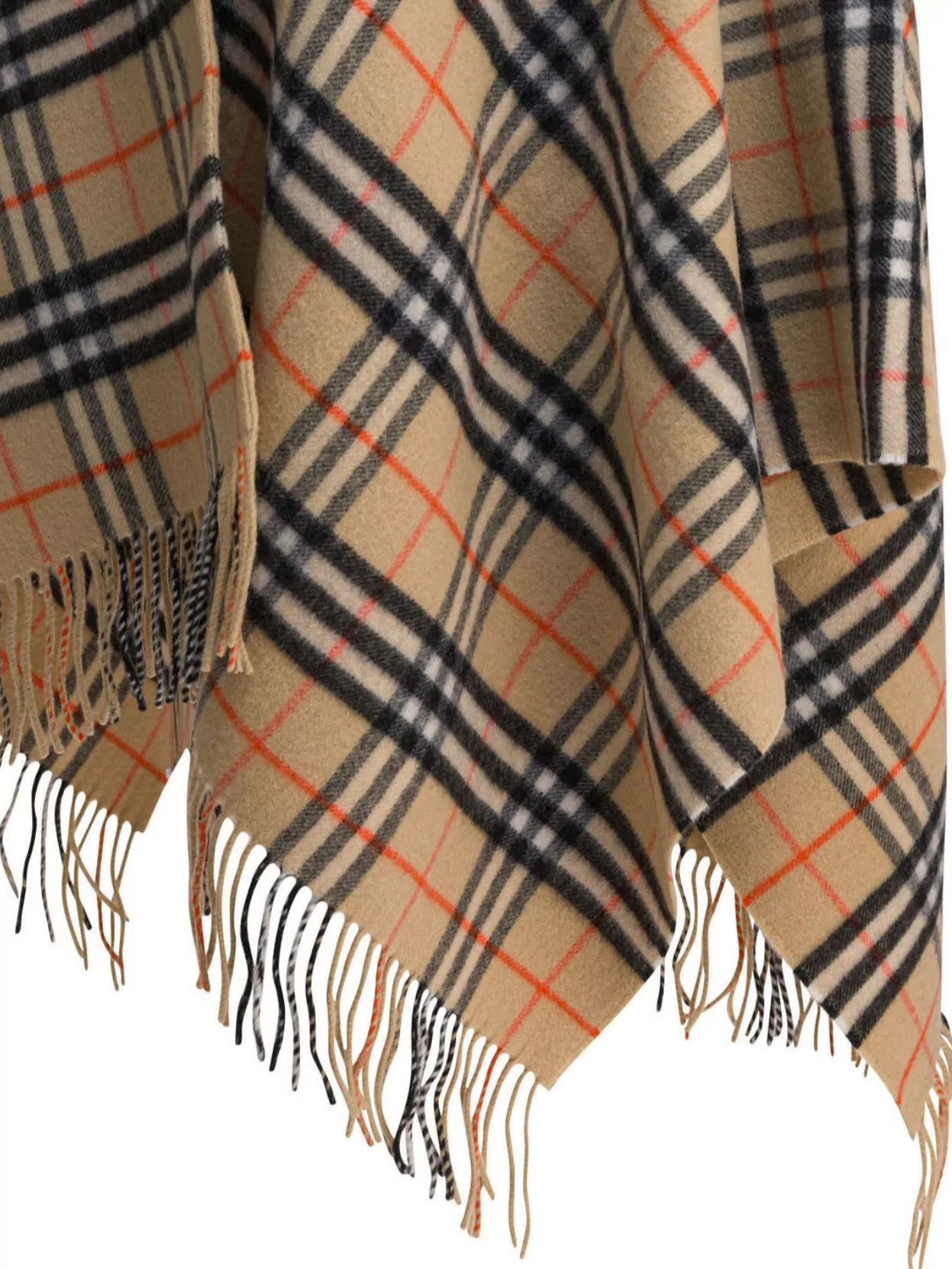 Burberry Charlotte Cape With Plaid Pattern And Fringe In Neutral