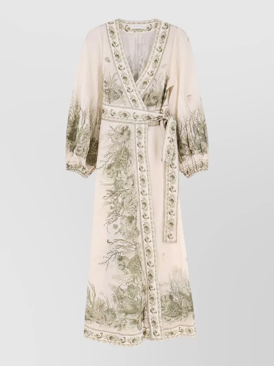 Zimmermann Floral Wrap Cotton Dress Belted Waist Maxi In Neutral
