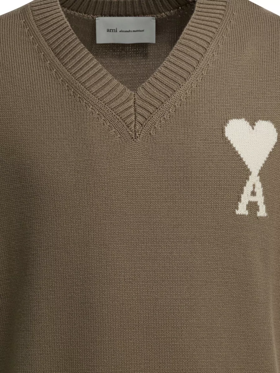 Ami Paris Wool Cotton Sleeveless V-Neck Knitted Sweater