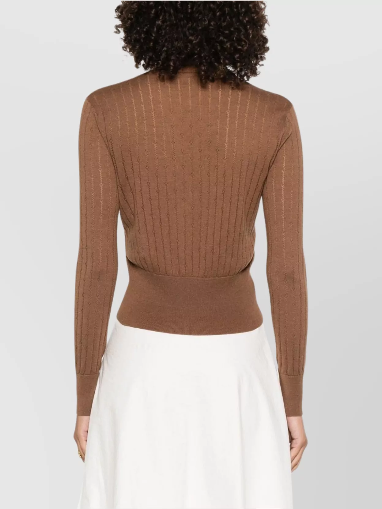 Max Mara Waist Fitted V-neck Ribbed Cardigan In Brown
