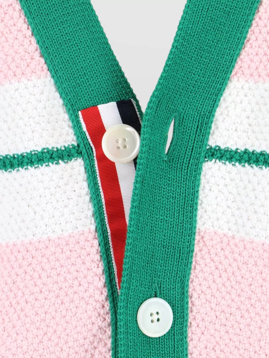 Thom Browne Cotton Striped Seed-Stitch Oversized V-Neck Cardigan
