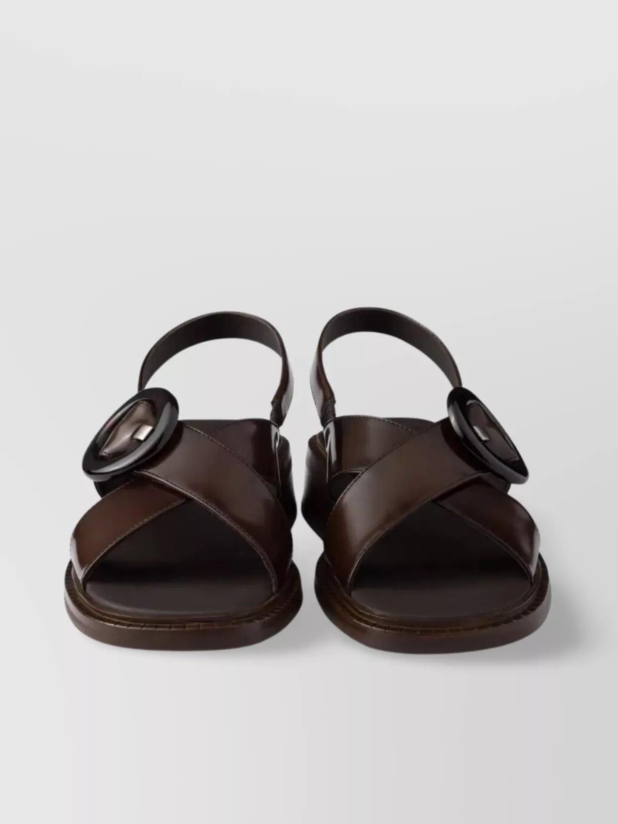 Prada Brushed Leather Crisscross Band Sandals With Plexiglas Buckle