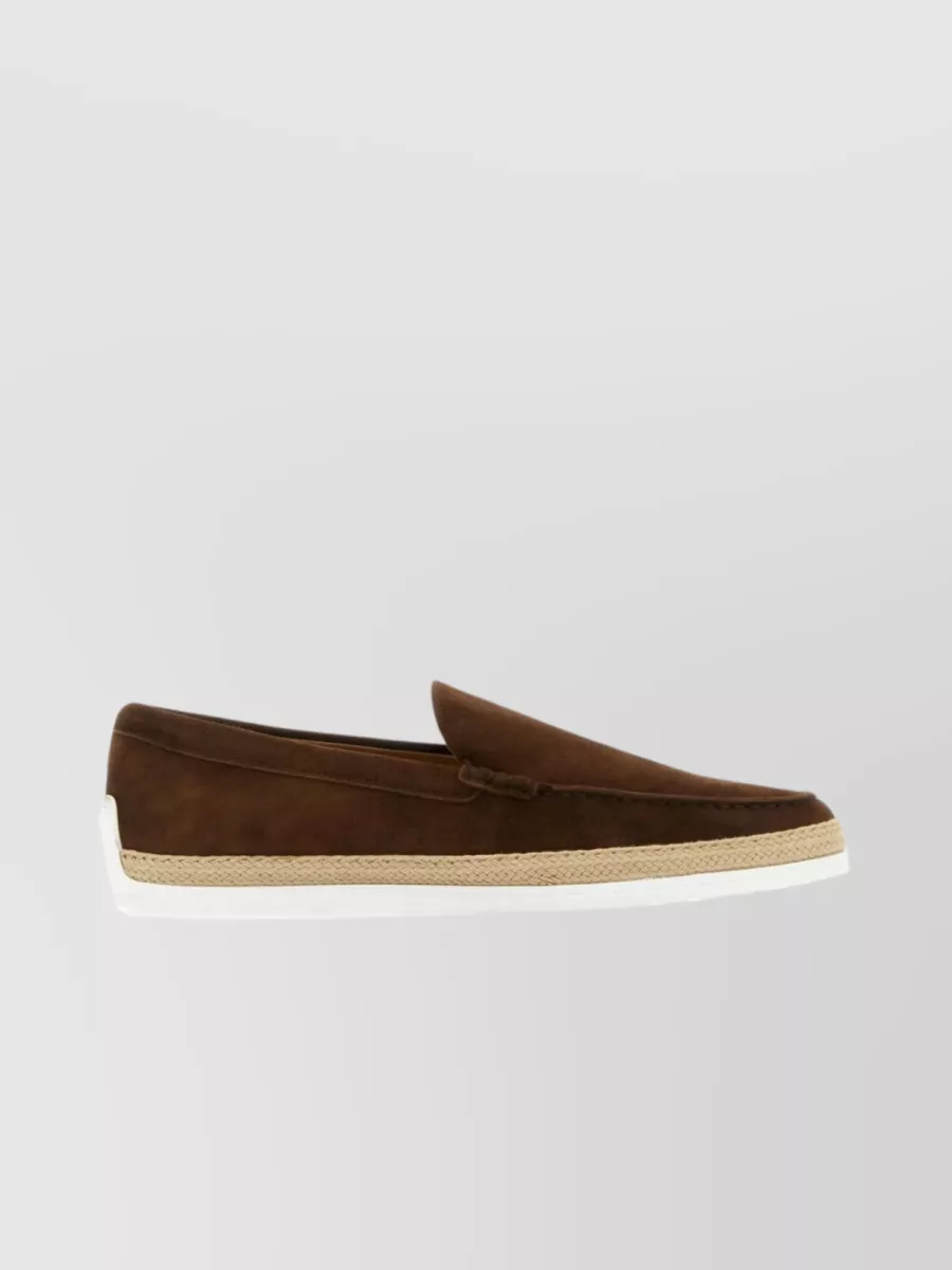 Shop Tod's Suede Loafers With Round Toe And Braided Jute Sole In Brown