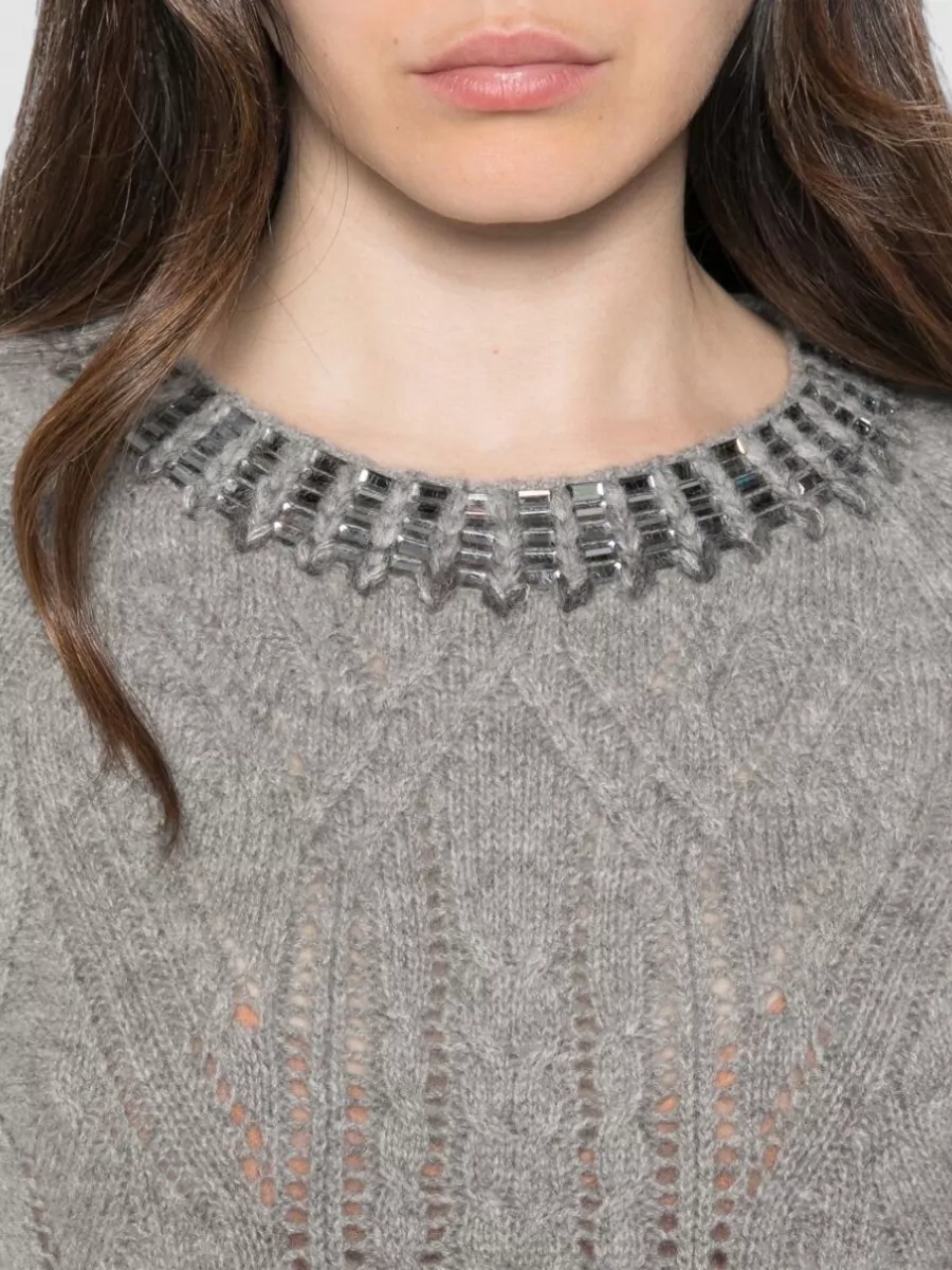Ermanno Scervino Cashmere Cable-Knit Crystal-Embellished Short-Sleeve Sweater
