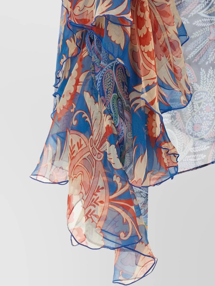 Etro Silk Floral-Print Ruffled V-Neck Long-Sleeve Blouse